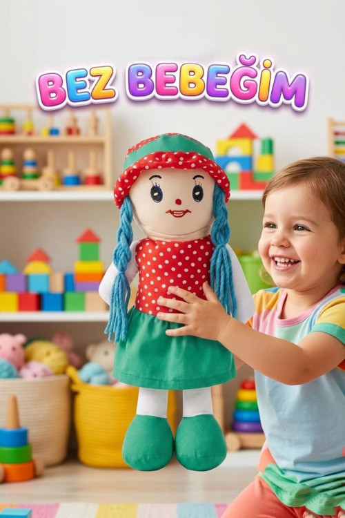 Fatma Bebek! 48cm Büyük Puantiye Desenli Elbiseli ve Şapkalı El Yapımı Oyuncak Bez Bebek YEŞİL