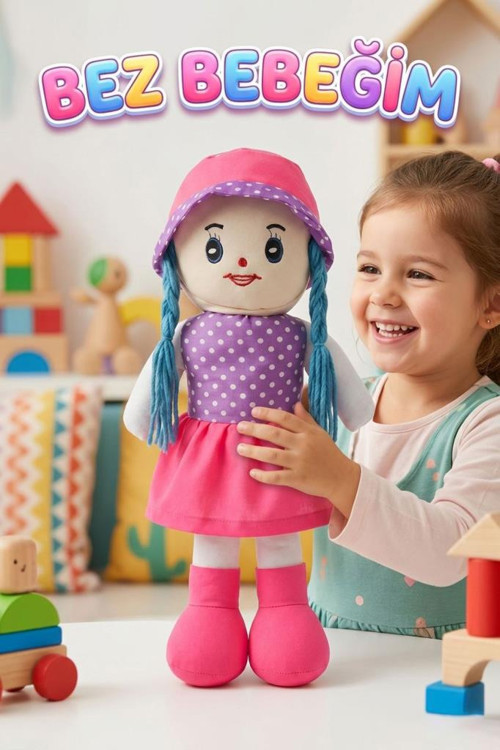 Fatma Bebek! 48cm Büyük Puantiye Desenli Elbiseli ve Şapkalı El Yapımı Oyuncak Bez Bebek PEMBE