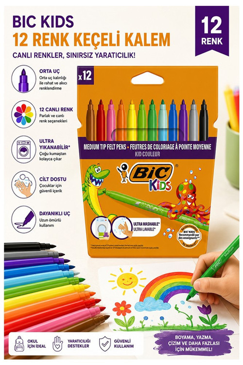 Keçeli Kalem 12 Renk 1 Paket Bic Kid Couleur 12 li Keçeli Kalem Canlı Renkler Yıkanabilir Kaliteli Okul Öğrenci