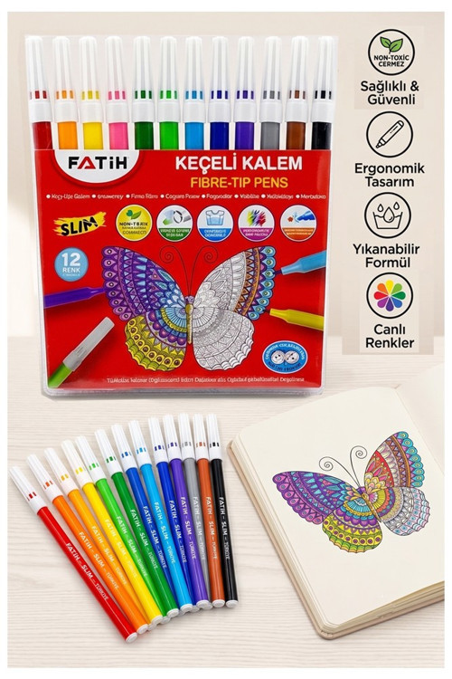 Keçeli Kalem 12 Renk 1 Paket Fatih Slim 12 li Keçeli Kalem Canlı Renkler Yıkanabilir Kaliteli Okul Öğrenci