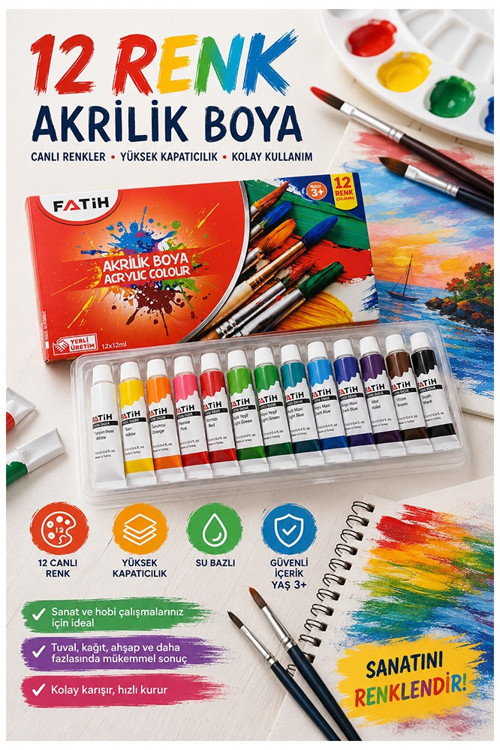 Akrilik Boya 12 Renk Tüp 1 Paket Fatih 12 ml 12 li Akrilik Boya Resim Dersi Tuval Ahşap Taş Boya Seti