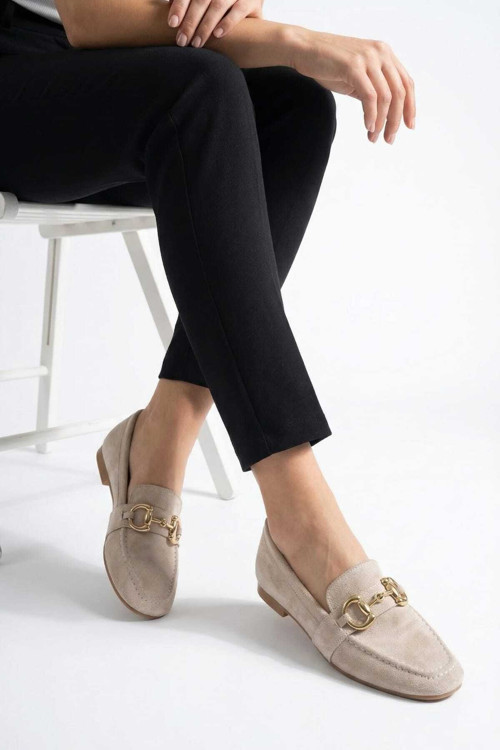 Boldi Bej Süet Loafer Babet Gold Toka