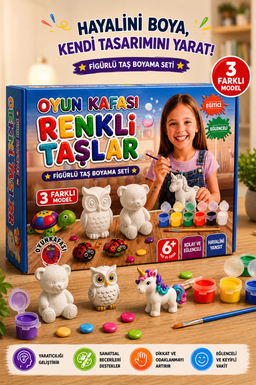 2 Adet Renkli Taşlar Figürlü Taş Boyama Seti Kutulu 3 Farklı Model 6 Renk Boya
