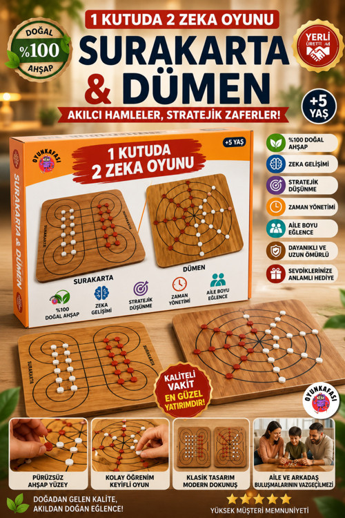 Surakarta & Dümen Ahşap Zeka Ve Strateji Oyunu 2'Si 1 Arada – 1 Kutuda 2 Oyun – Çocuk Ve Aile Oyunu +5 Ya