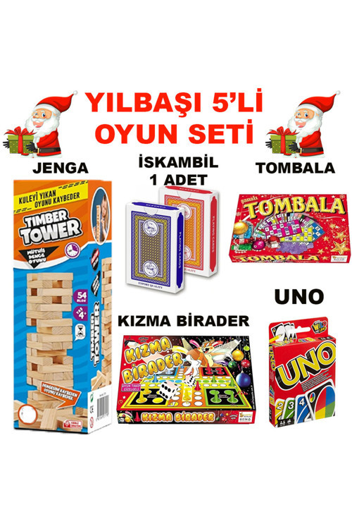Yılbaşı 5'Li Oyun Seti ( Tombala-Kızma Birader-Oyun Kartı-Jenga-İskambil)