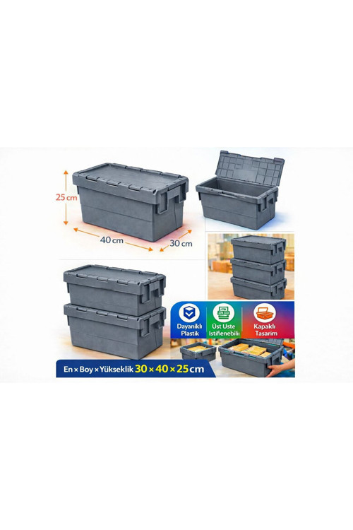 10Lu 30*40*25 Cm Gri Menteşe Kapaklı Plastik Kasa