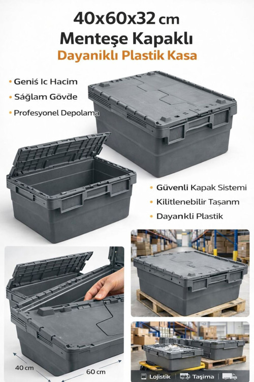 2Li 40*60*32 Cm Gri Menteşe Kapaklı Plastik Kasa