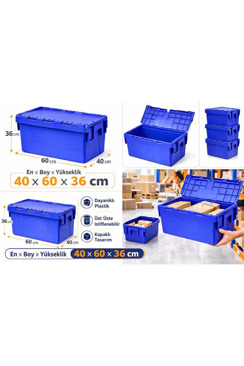 9Lu 40*60*36 Cm Mavi Menteşe Kapaklı Plastik Kasa