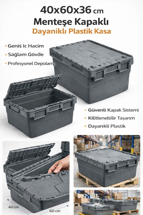 5Li 40*60*36 Cm Gri Menteşe Kapaklı Plastik Kasa