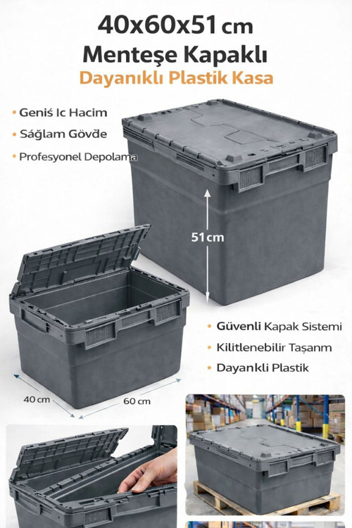 6Lı 40*60*51 Cm Gri Menteşe Kapaklı Plastik Kasa