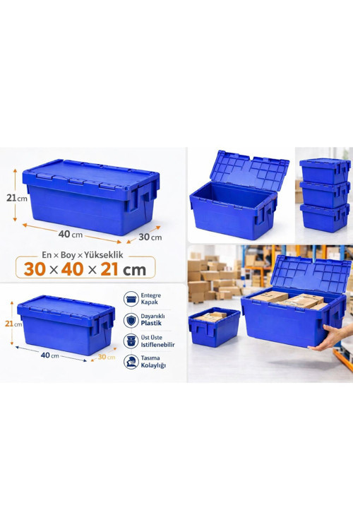 6Lı 30*40*21 Cm Mavi Menteşe Kapaklı Plastik Kasa