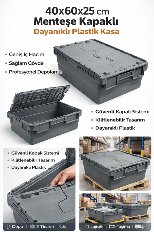 40*60*25 Cm Gri Menteşe Kapaklı Plastik Kasa