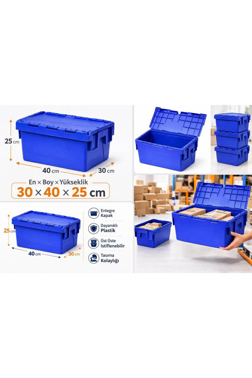 8Li 30*40*25 Cm Mavi Menteşe Kapaklı Plastik Kasa
