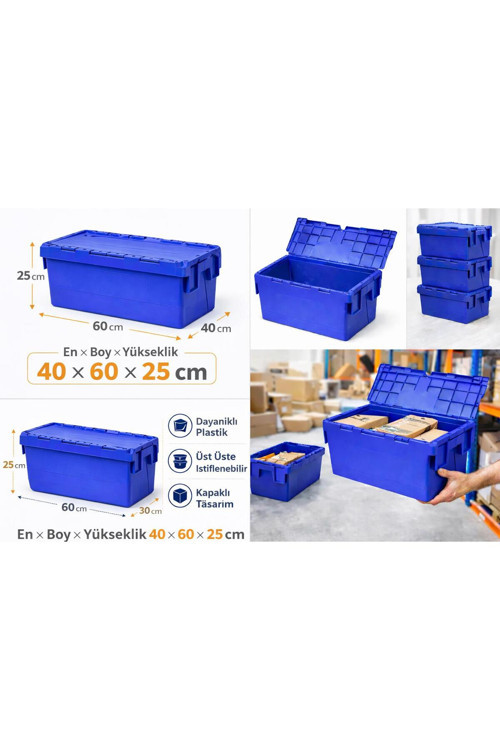 9Lu 40*60*25 Cm Mavi Menteşe Kapaklı Plastik Kasa