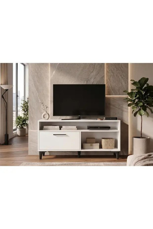 Modern Beyaz TV Ünitesi 120 cm - Ayaklı ve Duvara Monte Edilebilir Çift Yönlü Kullanım
