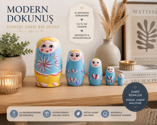 5'li Ahşap Matruşka Rus Bebek Seti El Boyaması İç İçe Geçen Dekoratif Oyuncak Ev Dekoru Hediye MAVİ