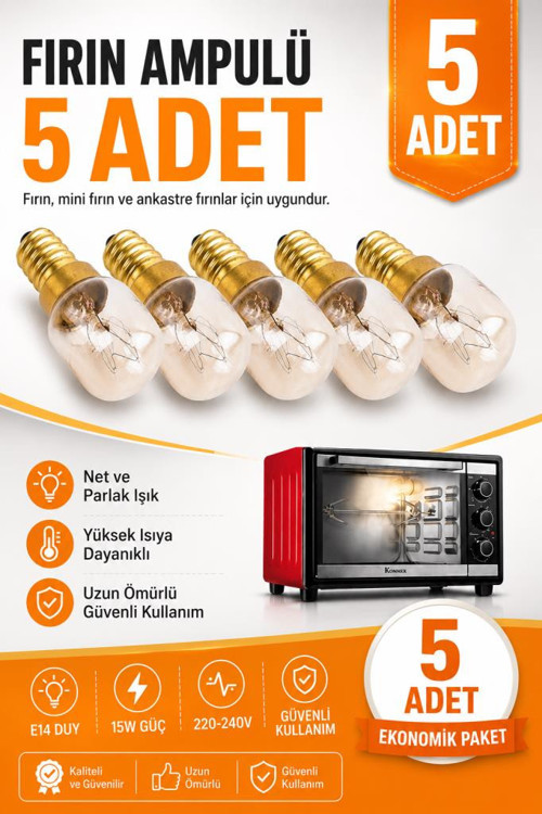 5 Adet E14 15W Fırın Ampulü - Davlumbaz Uyumlu - 300°C Isıya Dayanıklı - Ankastre & Mini Fırın Uyumlu - Ekonomik
