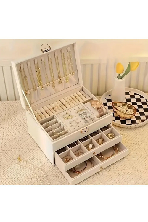 3 Katlı Modern Takı Organizer, Suni Deri, Kilitli, 23x13x17 cm, Beyaz