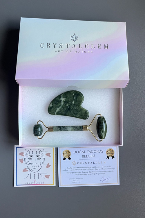 Yeşim Doğaltaş Kalp Gua Sha Ve Roller Yüz Masaj Aleti Ikili Set
