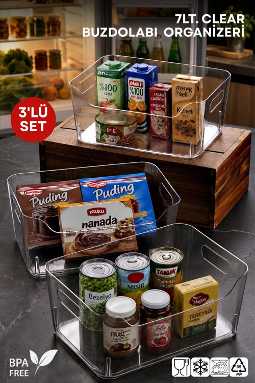 7 Lt Clear Buzdolabı & Dolap Içi Düzenleyici Organizer 3 Adet 30,5x21,5x12,5 Cm