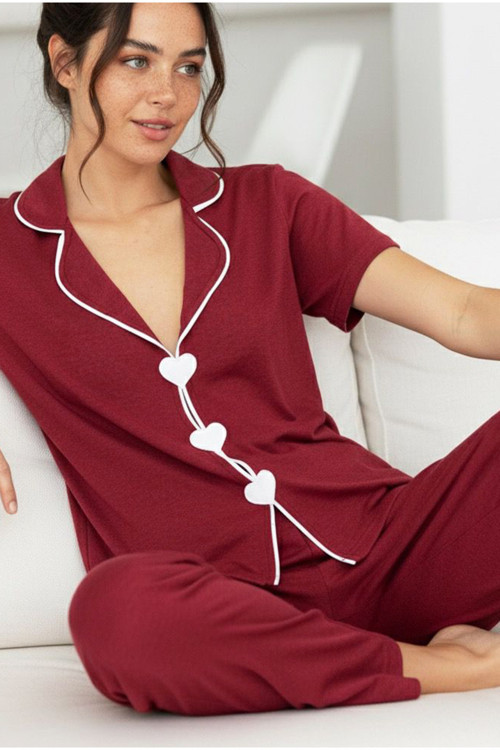 bordo Kalpli Biye Detaylı Örme Pijama Takım7891