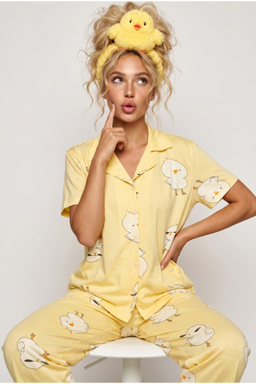 sarı civciv desenli İnce Soft Örme Mevsimlik Düğmeli Pijama Takımı 8002
