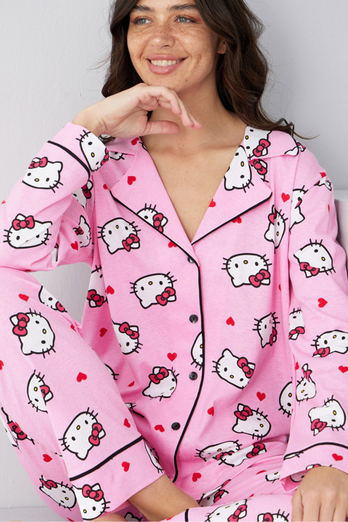 pembe lisanslı hello kitty desenli Pamuklu Düğmeli Biyeli Örme Uzun Kollu Pijama Takım7314