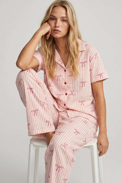 SOMON çizgili fiyonk desenli İnce Soft Örme Mevsimlik Düğmeli Pijama Takımı 8002