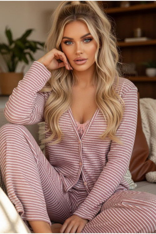 pembe beyaz Fırçalı Yumuşak Dokulu Fitilli Kaşkorse Örme düğmeli Hırka Pijama Takım 7963