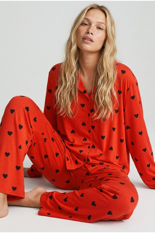 narçiçeği siyah kalp desenli Örme Düğmeli Pamuklu Pijama Takım