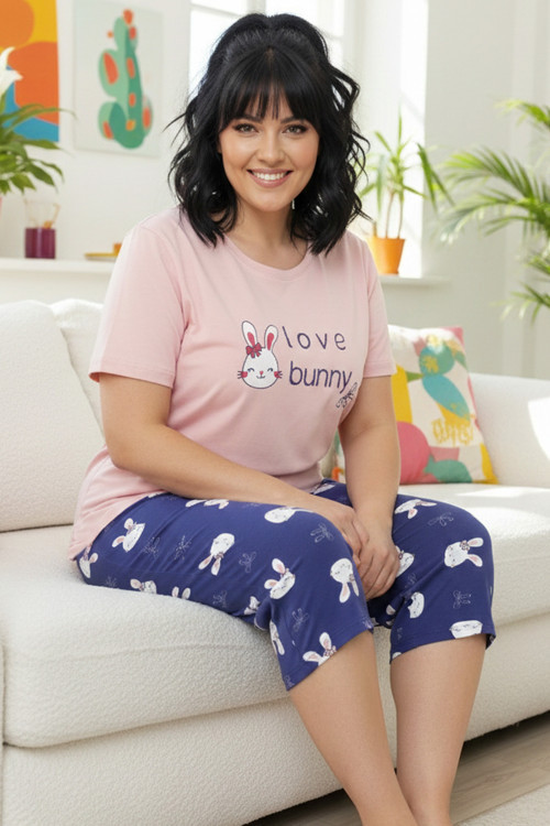 desenli Pamuklu Büyük Beden Battal Boy Örme Kapri Pijama Takım