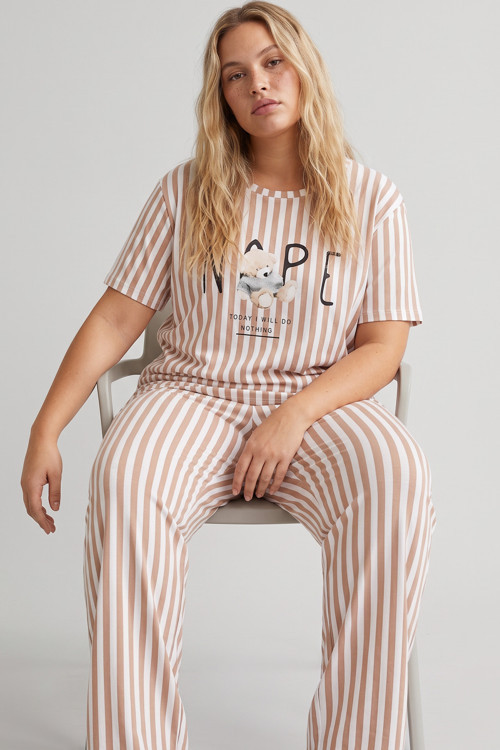 vizon çizgi desenli Curve Büyük Beden Battal Boy Örme Pijama Takımı 24103690