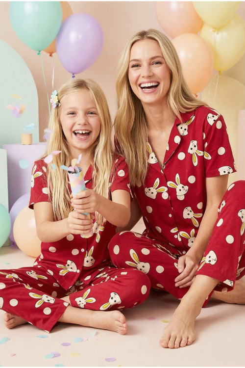 Bordo Tavşan Desenli Pamuklu Düğmeli Örme Pijama Takım