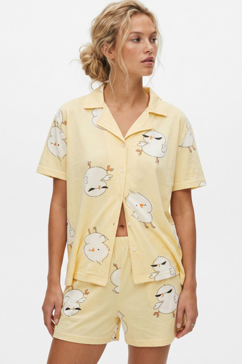 sarı civciv desenli Düğmeli İnce Soft Örme Mevsimlik Şortlu Pijama Takımı 8063