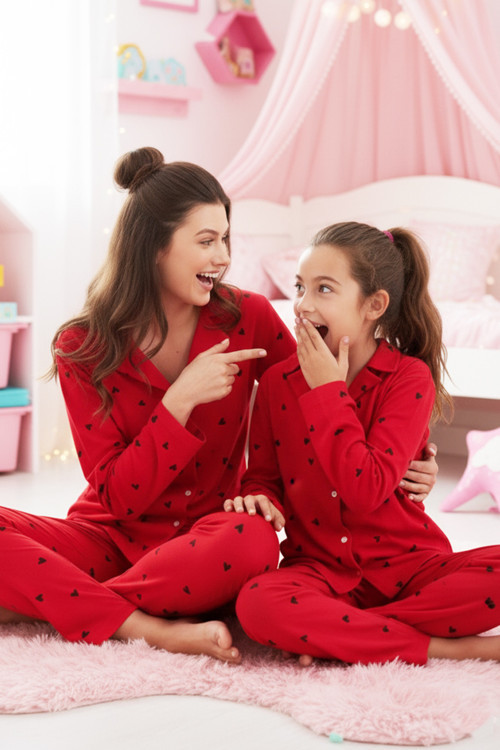 Kırmızı Pamuklu Düğmeli Pijama Takımı