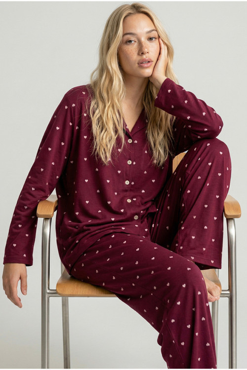 vişne kalp desenli Yumuşak Tuşe Kışlık Örme düğmeli Pijama Takım 7611