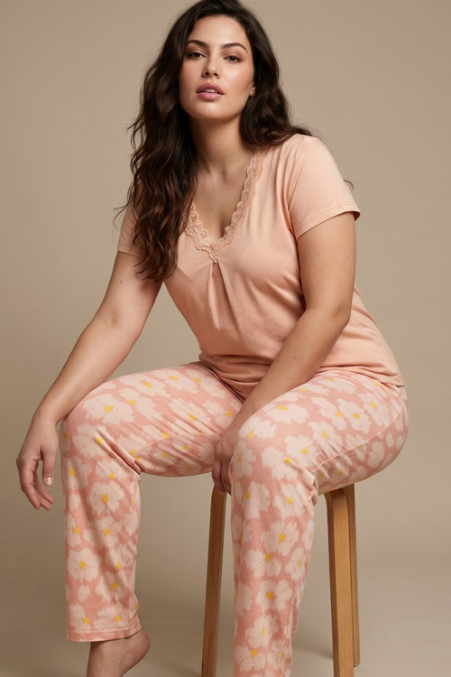 somon v yaka Dantelli desenli Büyük Beden Battal Viskon Örme Pijama Takım 8066