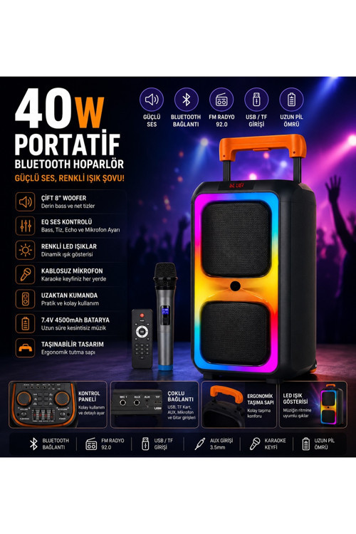 NDR-1097 Bluetooth Speaker Kablosuz Mikrofonlu Taşınabilir Şarjlı Tekerlekli Büyük Boy Party Speaker 40W Hoparlör Hafıza Kartı Usb Girişli Tws Özellikli Fm Radyolu Ses Sistemi