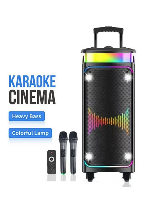 BÜYÜK BOY ÇİFT KABLOSUZ MİKROFONLU BLUETOOTH HOPARLÖR TAŞINABİLİR TEKERLEKLİ SPEAKER