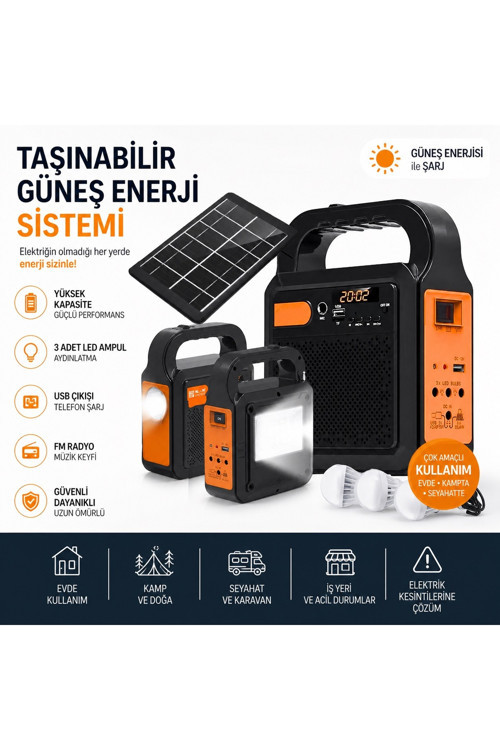 YSF-200 Bluetooth Hoparlör Güneş Enerjili Kamp Lambası Fm Radyolu Müzik Mp3 Çalar Powerbank Özellikli Taşınabilir Solar Panel Sistemi