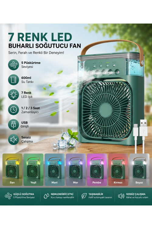 TST-2502CLR Buzlu Fan 600Ml Su Hazneli Su Buharı Püskürtmeli Masaüstü Vantilatör Zaman Ayarlı Serinletici Mini Klima Led Işıklı ve Koku Hazneli