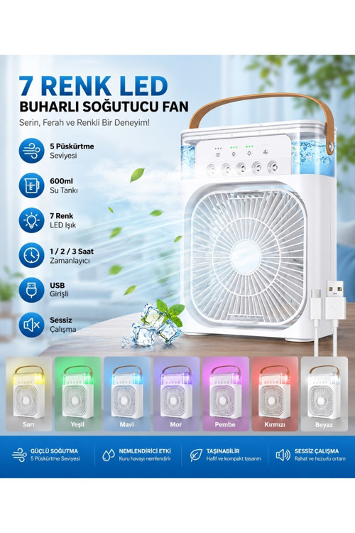 TST-2502CLR Buzlu Fan 600Ml Su Hazneli Su Buharı Püskürtmeli Masaüstü Vantilatör Zaman Ayarlı Serinletici Mini Klima Led Işıklı ve Koku Hazneli