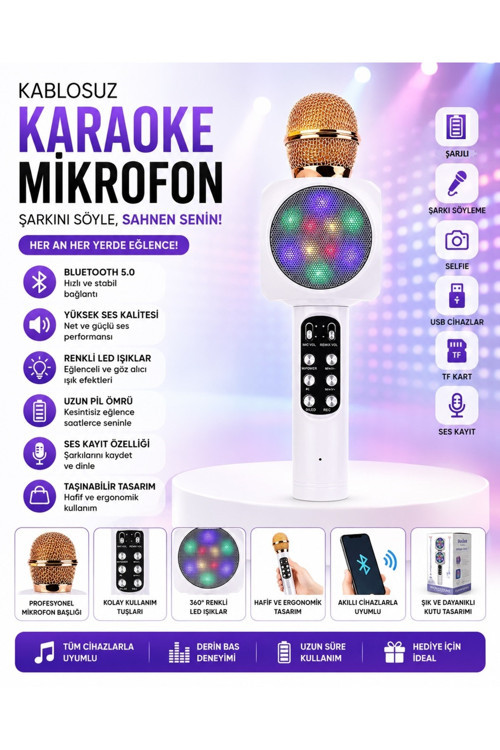 WS-1816 Bluetooth Speaker Karaoke Mikrofonlu Kablosuz Hoparlör Hafıza Kartı ve Usb Girişli Şarjlı Rgb Led Işıklı Müzikçalar