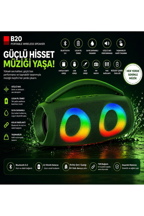 B20 Bluetooth Hoparlör Usb ve Hafıza Kartı Girişli Fm Radyolu Şarjlı Taşınabilir Kablosuz Speaker Mp3 Çalar Tüm Cihazlara Uyumlu