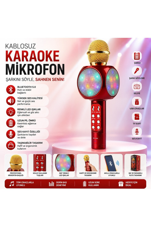 WS-1816 Bluetooth Speaker Karaoke Mikrofonlu Kablosuz Hoparlör Hafıza Kartı ve Usb Girişli Şarjlı Rgb Led Işıklı Müzikçalar
