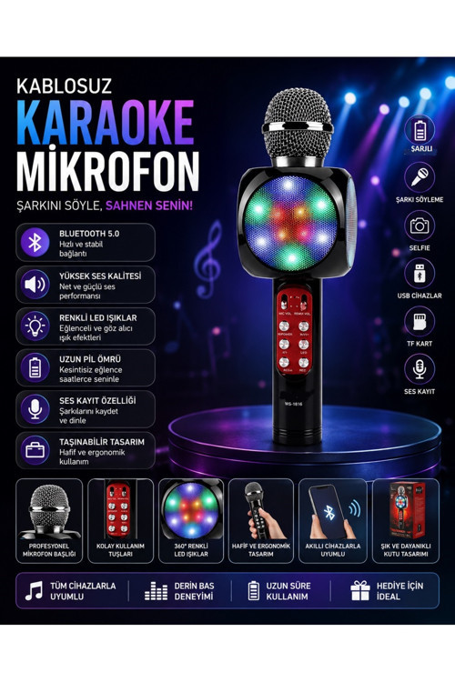 WS-1816 Bluetooth Speaker Karaoke Mikrofonlu Kablosuz Hoparlör Hafıza Kartı ve Usb Girişli Şarjlı Rgb Led Işıklı Müzikçalar