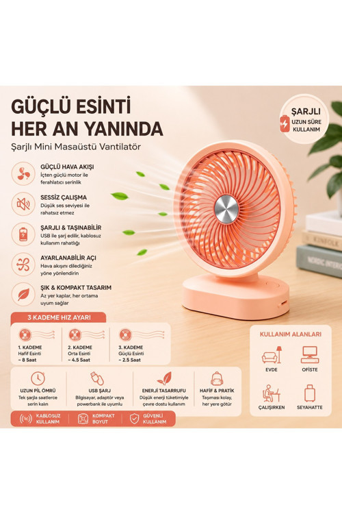 DD5007 Masaüstü Şarjlı Fan 3 Kademeli Taşınabilir Vantilatör Hafif Taşınabilir Serinletici Mini Klima Fan