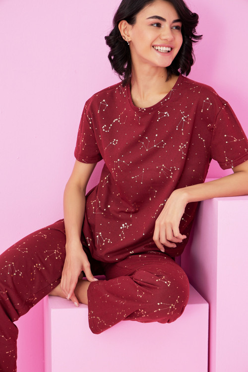 bordo yıldız Varak Baskılı Örme Pijama Takım7845