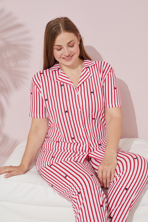 kırmızı çizgili kalp desenli Örme Düğmeli Pijama Takım