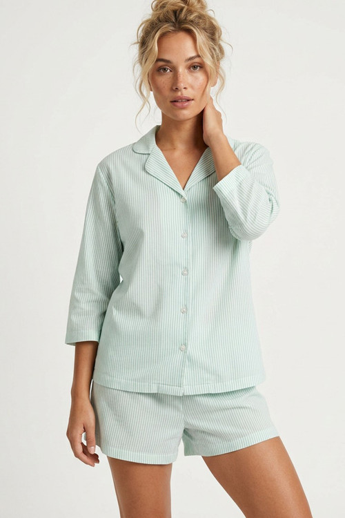 yeşil çizgi desenli Düğmeli İnce Soft Örme Şortlu Pijama Takımı 8054